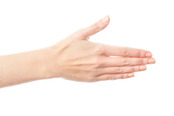 Mão Feminina Isolada Sobre Fundo Branco Mão Mulher Branca Mostrando — Fotografia de Stock