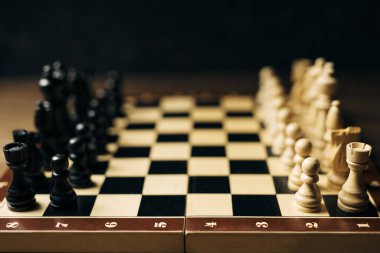 Dama, piyon, at, kale, fil, vezir ve papaz olan klasik satranç tahtası, siyah ve beyaz renkler. Fikirler, rekabet ve strateji için satranç tahtası oyunu, iş başarısı konsepti.