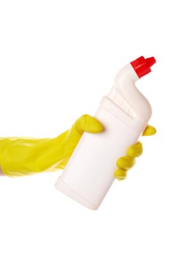 Ev için Deterjanlar. Temizlik ürünleri. Beyaz arka planda izole edilmiş beyaz boş plastik sprey deterjan şişesi.. 