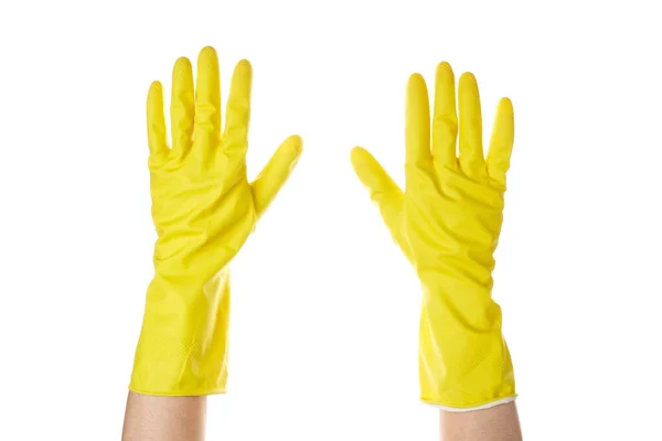 Guante Amarillo Para Limpiar Aislado Sobre Fondo Blanco Detergentes Para — Foto de Stock