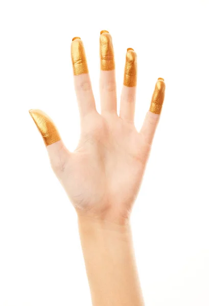 Hands Gold Paint Golden Fingers Female Hand Isolated White Background — Stock Photo, Image