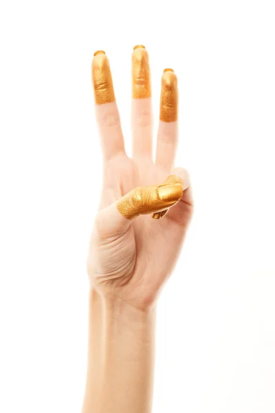 Руки Золотій Фарбі Золоті Пальці Жіноча Рука Показує Цифри Ізольовані — стокове фото
