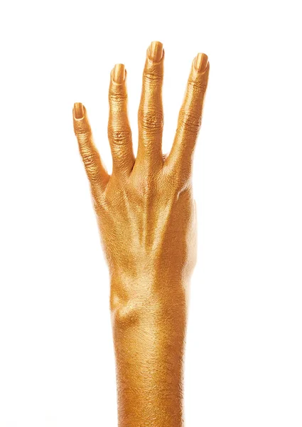 Handen Goudverf Gouden Vingers Vrouwelijke Hand Toont Aantallen Geïsoleerd Witte — Stockfoto