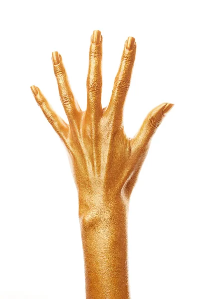 Ręce Złotej Farbie Złote Palce Kobieta Ręka Pokazuje Numery Izolowane — Zdjęcie stockowe