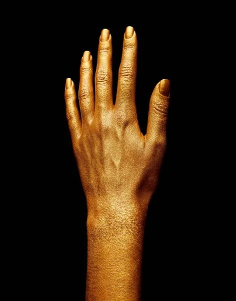 Hands Gold Paint Golden Fingers Female Hand Isolated Black Background — ストック写真