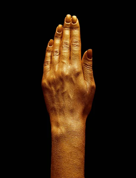Hands Gold Paint Golden Fingers Female Hand Isolated Black Background — Stock Fotó