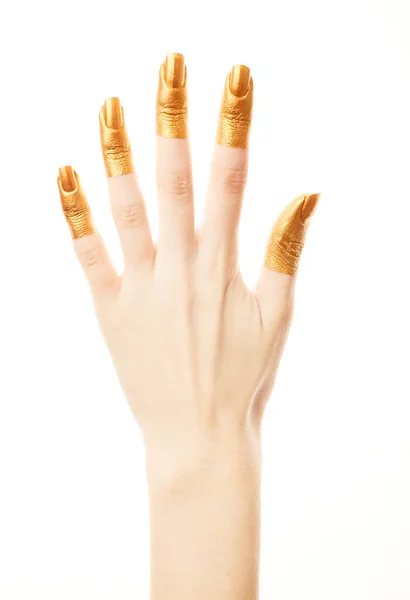 Hände Goldfarbe Goldene Finger Die Weibliche Hand Zeigt Zahlen Isoliert — Stockfoto
