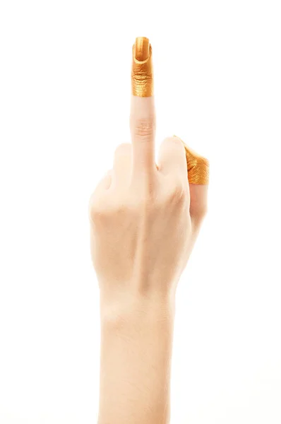 Χέρια Χρυσή Μπογιά Χρυσά Δάχτυλα Μεσαίο Δάχτυλο Γυναίκα Δείχνει Επιθετικότητα — Φωτογραφία Αρχείου