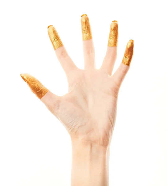 Hands Gold Paint Golden Fingers Female Hand Isolated White Background — Stock Photo, Image