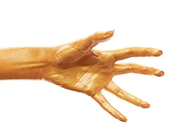 Ręce Złotej Farbie Złote Palce Kobieta Odizolowana Białym Tle Relaksująca — Zdjęcie stockowe