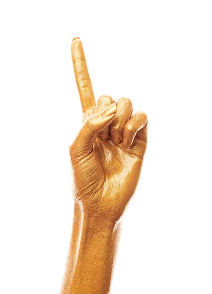 Ruce Zlaté Barvě Zlaté Prsty Ženská Ruka Ukazuje Čísla Izolovaná — Stock fotografie