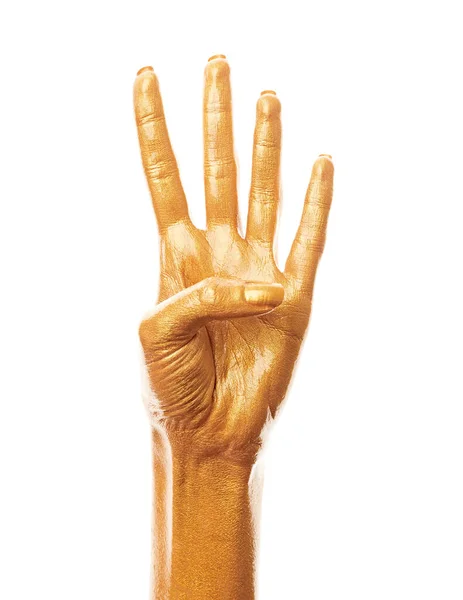 Hands Gold Paint Golden Fingers Female Hand Showing Numbers Isolated — Stock Photo, Image