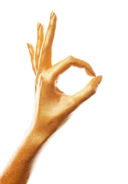 Ręce Złotej Farbie Złote Palce Kobieta Odizolowana Białym Tle Ręka — Zdjęcie stockowe