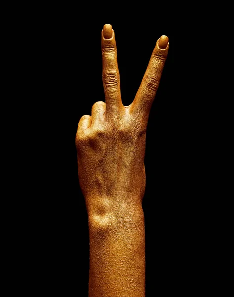 Hands Gold Paint Golden Fingers Female Hand Isolated White Background — ストック写真