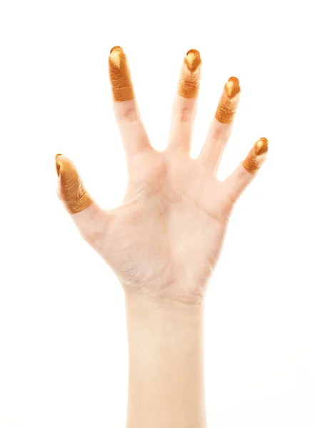 Руки Золотій Фарбі Золоті Пальці Жіноча Рука Ізольована Білому Тлі — стокове фото
