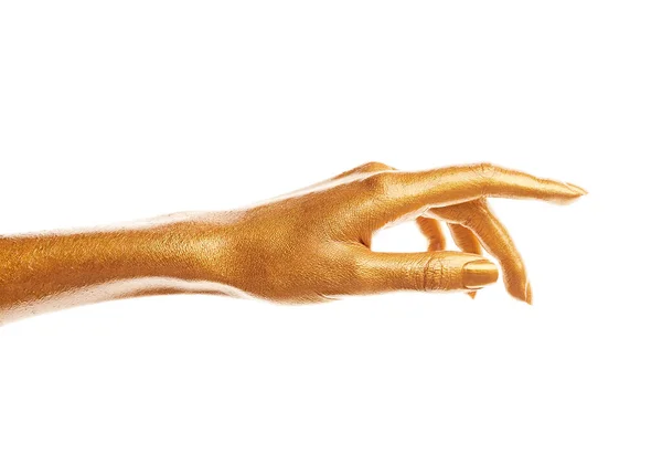 Handen Goudverf Gouden Vingers Vrouwelijke Hand Geïsoleerd Witte Achtergrond Hand — Stockfoto