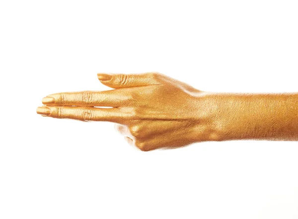 Hands Gold Paint Golden Fingers Female Hand Isolated White Background — Stock Photo, Image