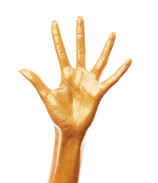 Руки Золотой Краске Золотые Пальцы Женская Рука Изолирована Белом Фоне — стоковое фото