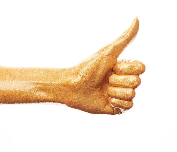 Руки Золотой Краске Золотые Пальцы Женская Рука Изолирована Белом Фоне — стоковое фото