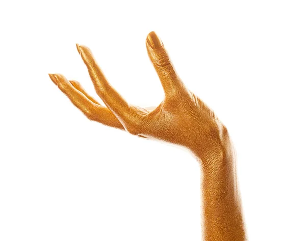 Ręce Złotej Farbie Złote Palce Kobieta Odizolowana Białym Tle Ręka — Zdjęcie stockowe