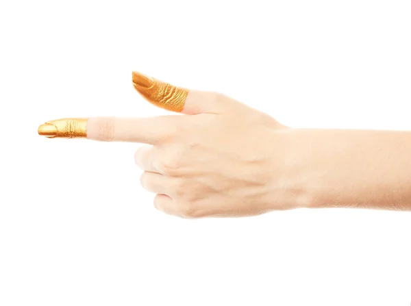 Handen Goudverf Gouden Vingers Vrouwelijke Hand Geïsoleerd Witte Achtergrond Hand — Stockfoto