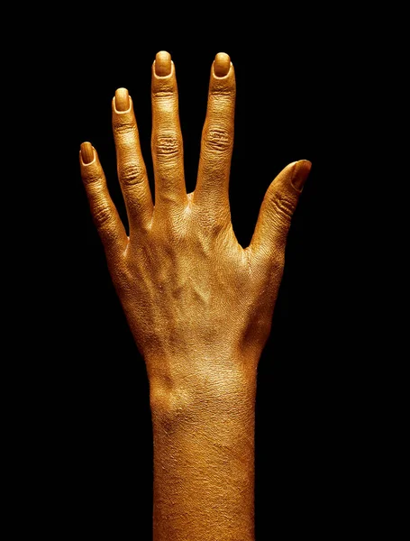 Hands Gold Paint Golden Fingers Female Hand Isolated Black Background — Stock Photo, Image