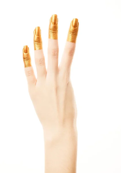 Mãos Tinta Dourada Dedos Dourados Mão Feminina Mostra Números Isolados — Fotografia de Stock