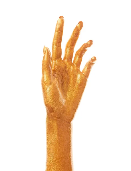 Handen Goudverf Gouden Vingers Vrouwelijke Hand Geïsoleerd Witte Achtergrond Ontspannen — Stockfoto