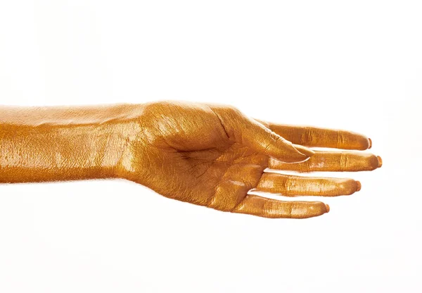 Aranyszínű Kezek Arany Ujjak Női Kéz Elszigetelt Fehér Háttérrel Fehér — Stock Fotó
