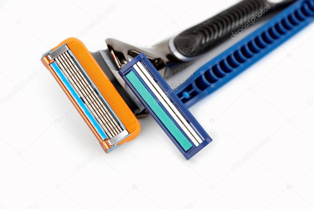 Modern razor isolated on white. Disposable razor. Shaving accessories for men.