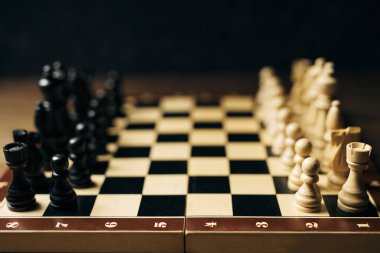 Dama, piyon, at, kale, fil, vezir ve papaz olan klasik satranç tahtası, siyah ve beyaz renkler. Fikirler, rekabet ve strateji için satranç tahtası oyunu, iş başarısı konsepti.