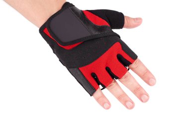 Beyaz arka planda bisiklet eldivenleri. Spor aletleri. Fitness. Elleri nasır ve nasırlardan korumak için kullanılan egzersiz eldivenleri..