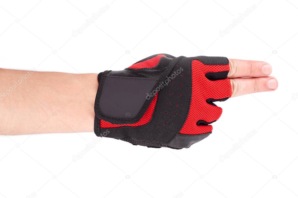 Bicycle gloves on white background. Gym equipment. Fitness. Workout gloves used to protect the hands from developing corns and calluses.