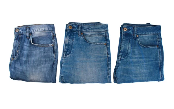 Stapel Van Diverse Tinten Van Blauwe Jeans Witte Achtergrond Jeans — Stockfoto
