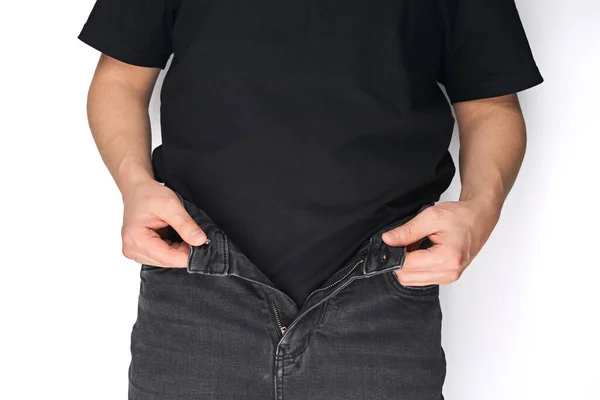 Man Black Jeans Puts Belt Jeans Belt Black Leather Belt — Stock Photo, Image