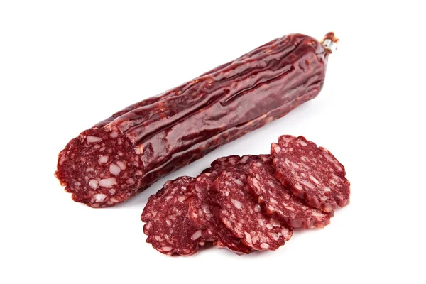 Salami Wędzone Kawałek Kiełbasy Izolowane Białym Tle Salami Kiełbasa Wędzona — Zdjęcie stockowe