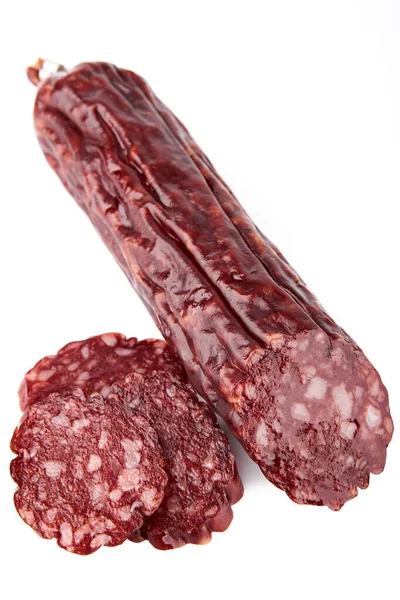 Salame Fumado Salsicha Peça Isolada Fundo Branco Salame Salame Fumado — Fotografia de Stock