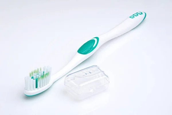 White Green Toothbrush White Background Oral Health Personal Hygiene — Stock Photo, Image