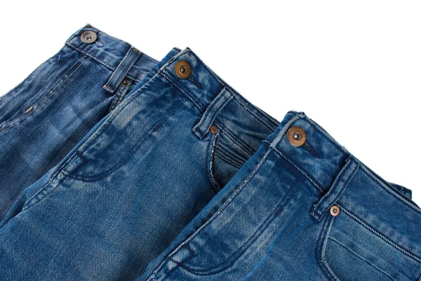 Stos Różnych Odcieni Niebieskich Dżinsów Białym Tle Denim Jeansów Tekstury — Zdjęcie stockowe