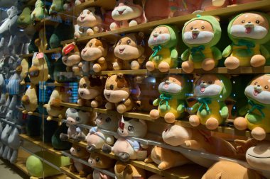 Ukrayna, Dnipropetrovsk. 05.06.2021 Bir çocuk mağazasında satılık bir sürü oyuncak var. Oyuncaklar rafta.. 
