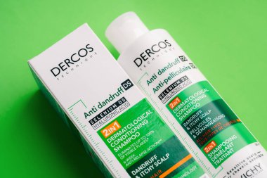 Dnipro, UKRAINE 11.02.2025: DERMATOLOGICAL CONDITIONING SHAMPOO. DANDRUFF, ITCHY SCALP.  SHAMPOOING DEMELANT TRAITANT VICHY. Dercos Anti Dandruff Shampoo