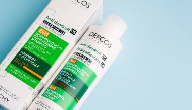 Dnipro, UKRAINE 11.02.2025: DERMATOLOGICAL CONDITIONING SHAMPOO. DANDRUFF, ITCHY SCALP.  SHAMPOOING DEMELANT TRAITANT VICHY. Dercos Anti Dandruff Shampoo