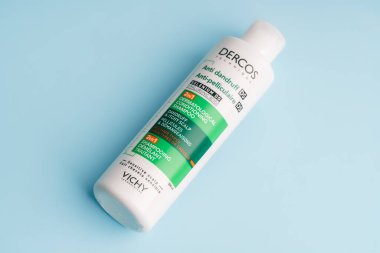 Dnipro, UKRAINE 11.02.2025: DERMATOLOGICAL CONDITIONING SHAMPOO. DANDRUFF, ITCHY SCALP.  SHAMPOOING DEMELANT TRAITANT VICHY. Dercos Anti Dandruff Shampoo