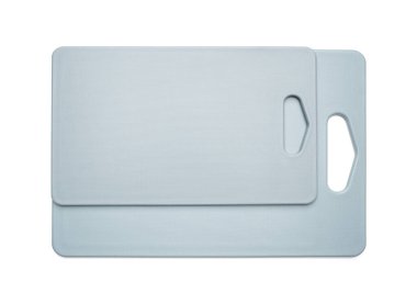 Kesme tahtası. Beyaz arka planda plastik mutfak tahtası. Mutfak eşyaları.