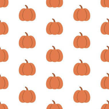 Beyaz arka planda turuncu balkabakları olan minimalist, pürüzsüz desen, sonbahar, hasat ve Şükran Günü temaları için mükemmel.