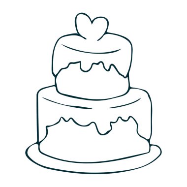 Minimalist line art of a layered cake with frosting and a heart shape on top perfect for bakery logo design coloring book or celebration card
