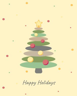Minimalist noel ağacı süsü ve yumuşak sarı arka planda pastel süslemelerle dolu mutlu bayram tebrik kartı. Modern kış dilekleri için mükemmel noktalar.