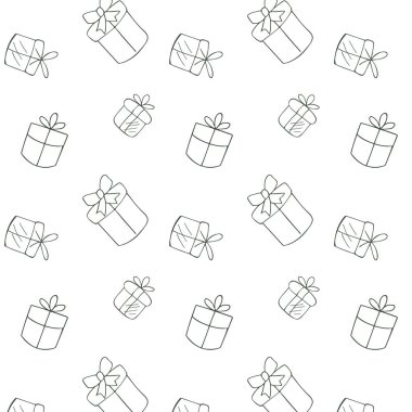 Siyah çizgili el çizimi hediye kutularının kusursuz deseni. Basit festival illüstrasyonu ambalaj kağıdı, tekstil, kırtasiye, markalaşma, arka plan ve tatil tasarımları için mükemmeldir.