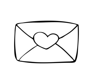 Üzerinde siyah çizgi şeklinde kalp sembolü olan el çizimi bir zarf. Beyaz arka planda izole edilmiş sevimli romantik karalama çizimi, aşk mesajları, sevgililer günü tasarımları, tebrik kartları, düğün kağıtları ve sosyal medya grafikleri için mükemmel..