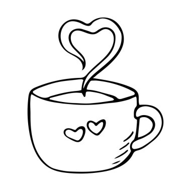 Çay fincanı illüstrasyon eli, üzerinde iki kupa ve üzerinde kalp şeklinde buhar olan iki kalp çizilmiş. Beyaz arka planda izole edilmiş, minimal siyah beyaz çizgili şirin romantik karalama.